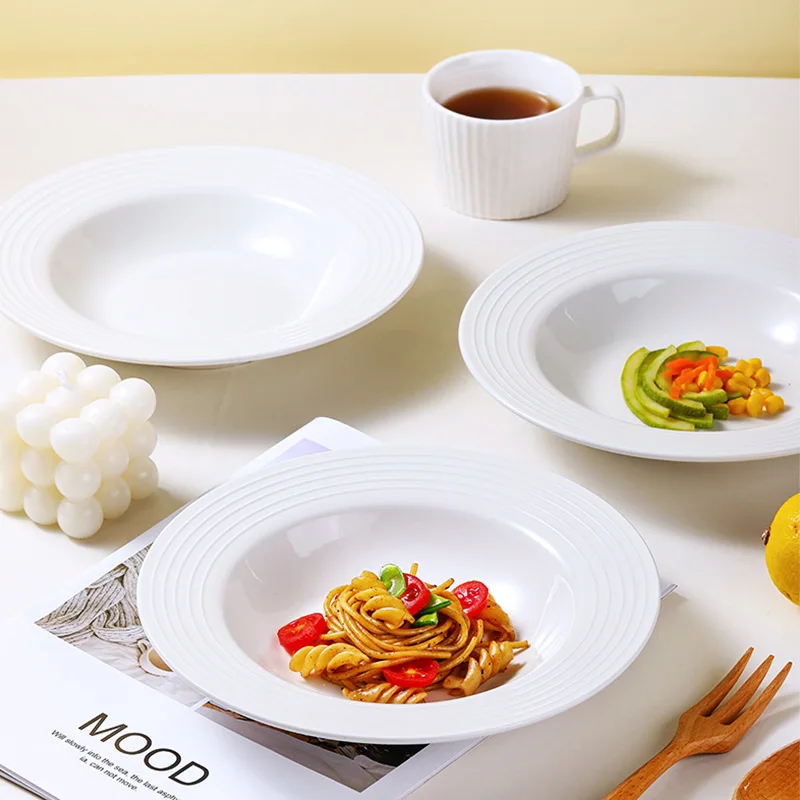 Restaurant High Fired Porcelain Pasta Plate Big Wide Rim Soup Plate White Ceramic Pasta Dish Plates