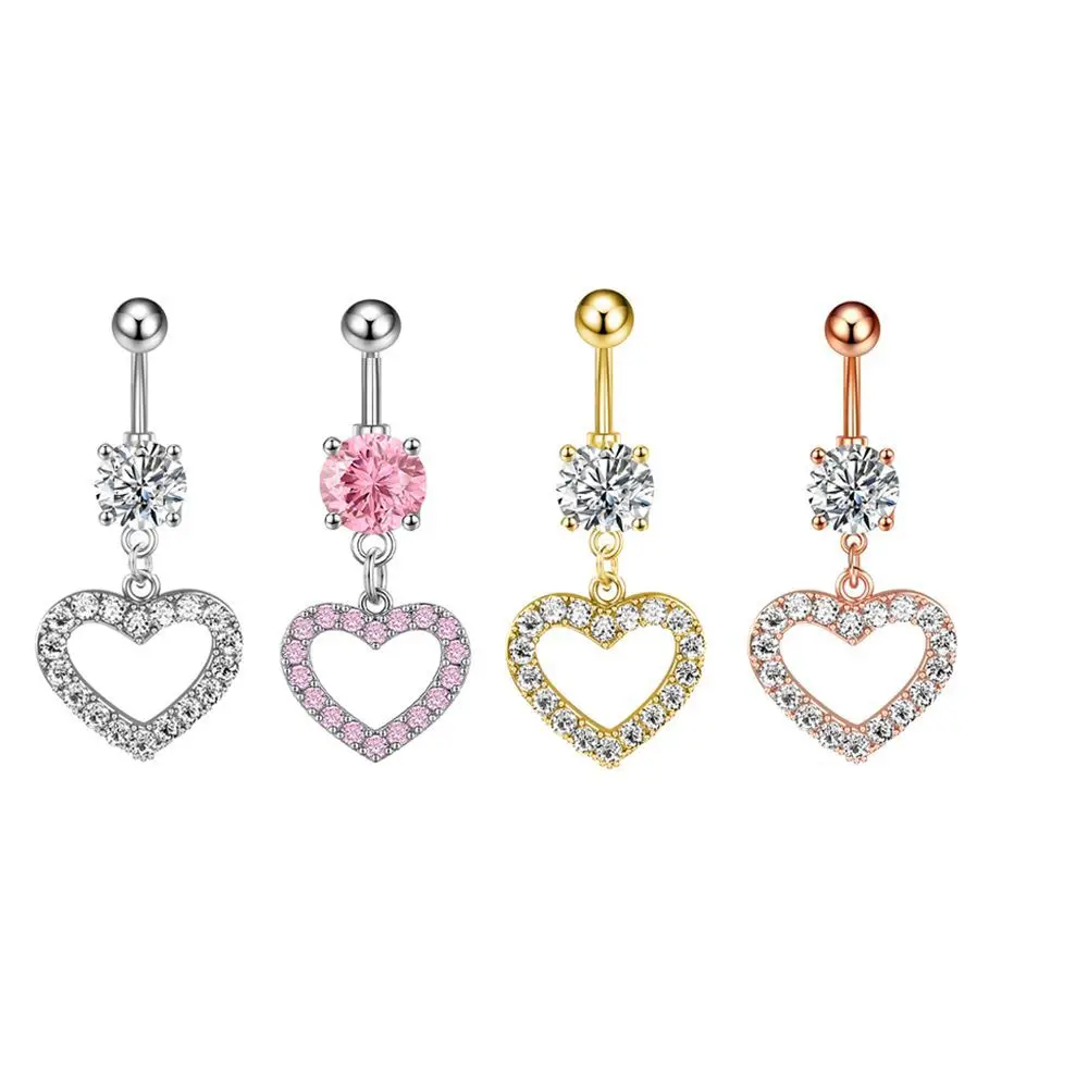 Chic Hypoallergenic Zircon Heart Belly Button Ring Dangle Crystal With Chain Titanium Steel Bar Navel Piercing Women Jewelry