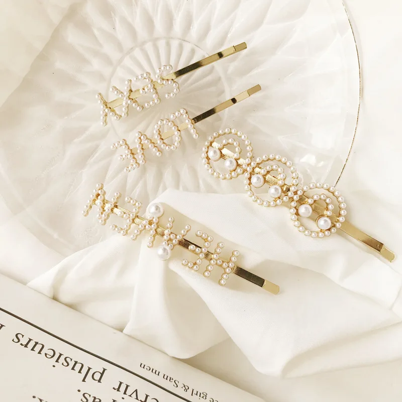 Fashion customizable letter pearl hair pin smiley face LOVE BOYS GIRL KISS 520 hairpin word clip bangs clip wholesale
