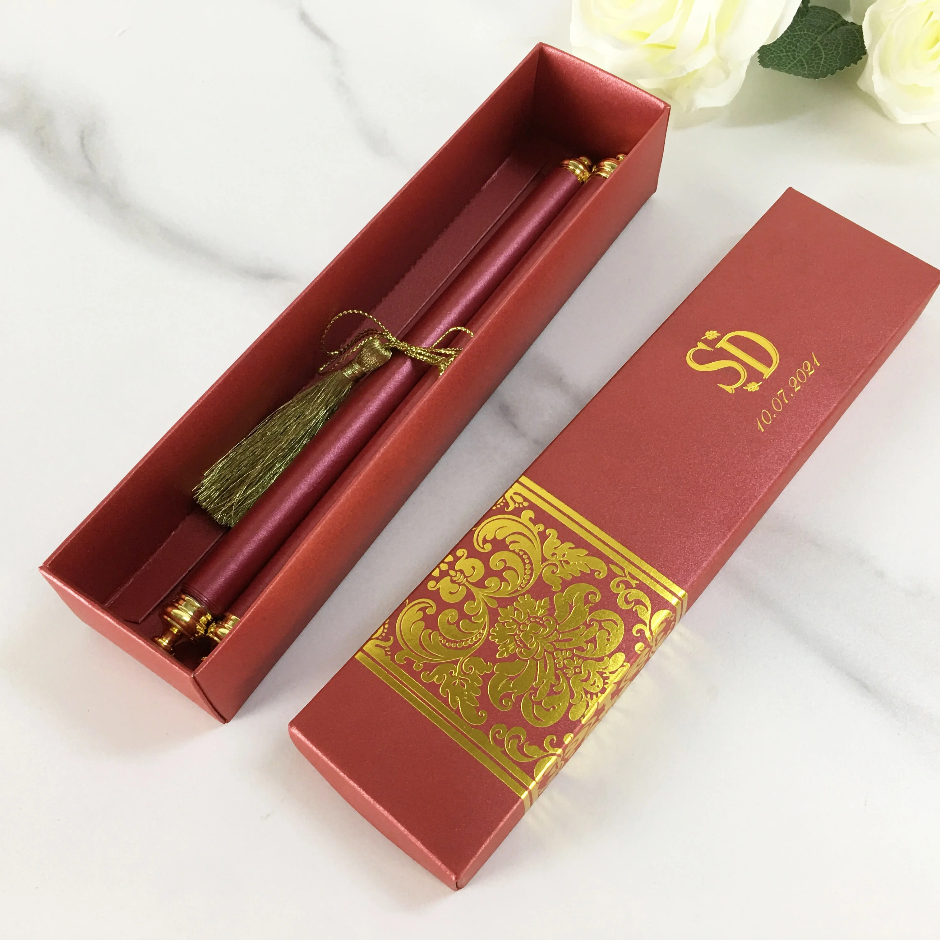 Factory Wholesale Customized Scroll Wedding Invitation with Paper Box & Tassel Ribbon Invitation Scrolls