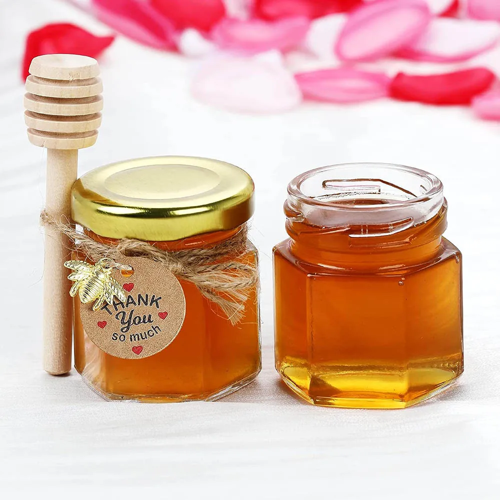 Hexagonal Mini Glass Jar For Honey With Wooden Dipper And Golden Metal Lids