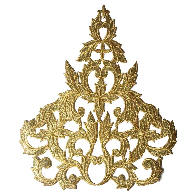 Gold Glitter Clothing Embroidery Flower Iron On Embroidered Garment Patches Large size Baroque Stage costumes Sticker Appliques