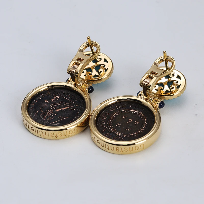 Wholesale Designer Inspired Luxury Women 18K Gold-Plated Gemstone Moissanite Zircon S925 Silver Turquoise Antique Coin Earrings