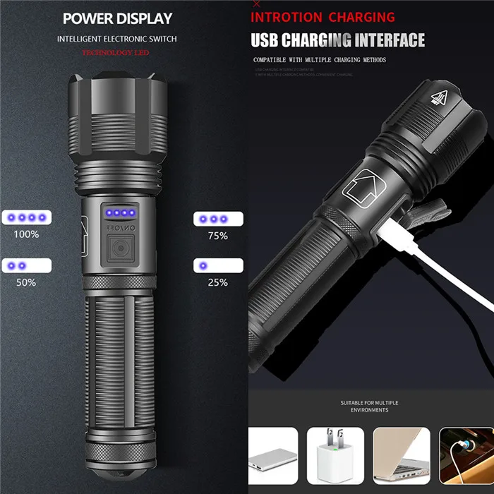 Type-C Rechargeable LED Flashlight Powerful 7 Modes Zoomable led torch Outdoor Emergency Super Bright Torch with Luminous Strips