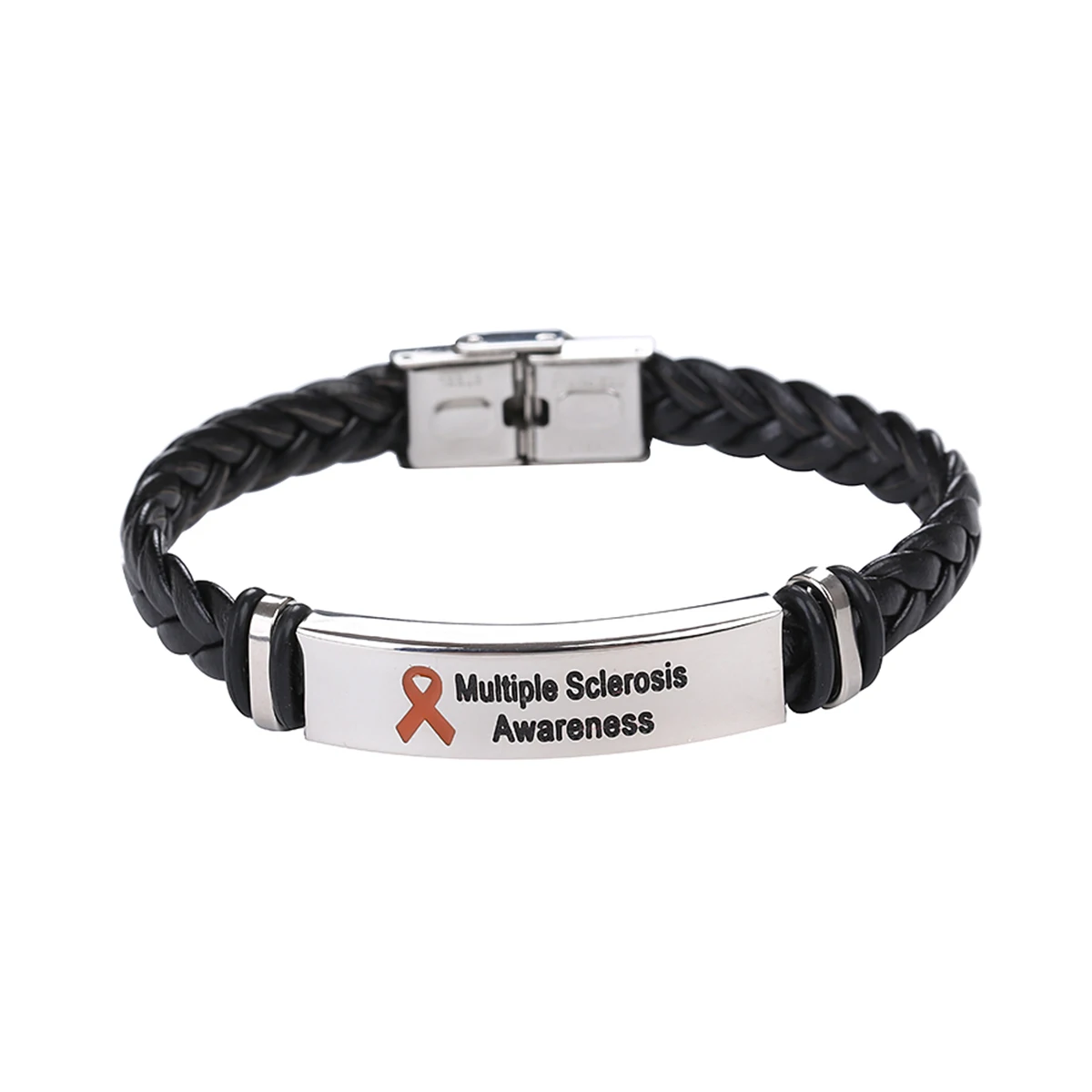 New Chic Designer Disease Awareness Inspired Pu Leather And Stainless Steel Making Orange Ribbon Multiple Sclerosis Bracelet