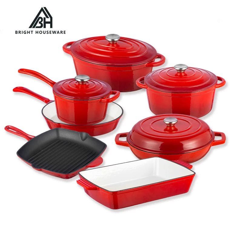 Bright Houseware 11pcs Wholesale Cookware With Cheap Price Low MOQ Home Kitchen Custom Pot Red Enamel Cast Iron Cookware Sets