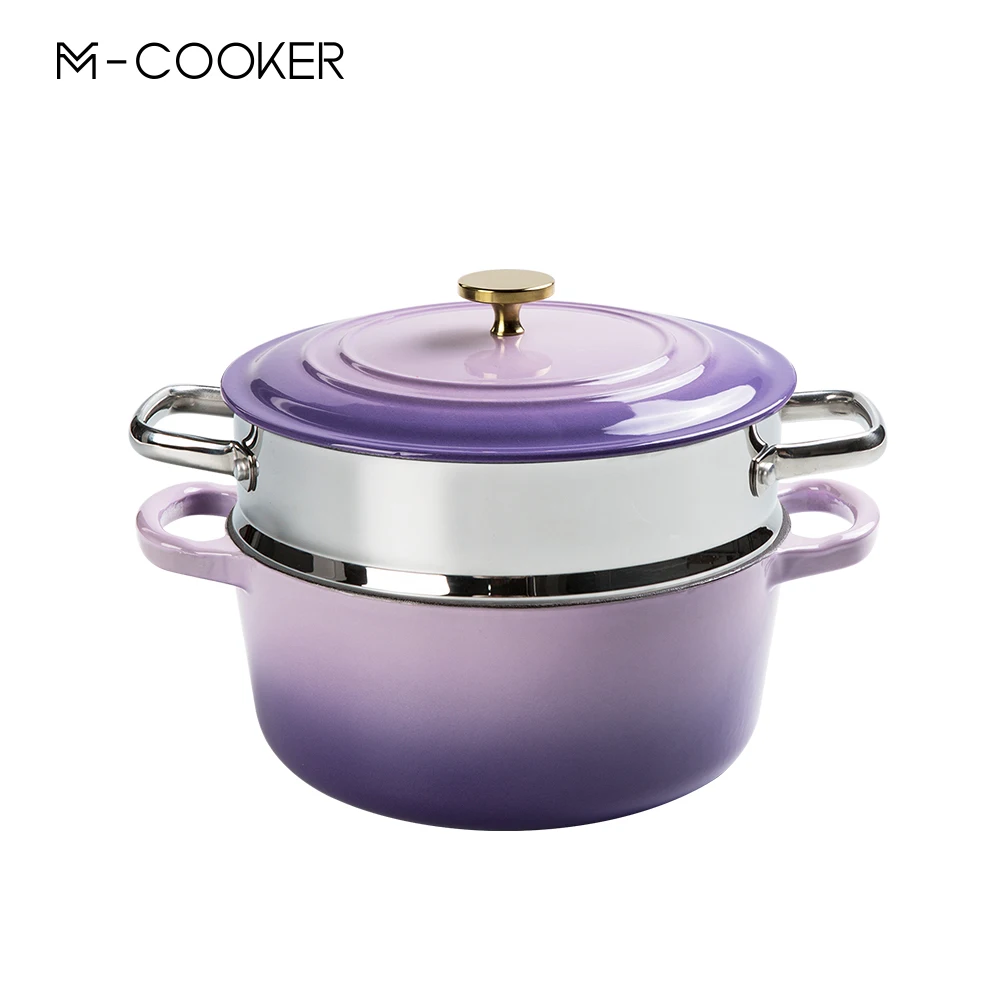 M-cooker ducth oven enamel steamer pot dish stew soup cooking cast iron casserole with stainless steel steamer