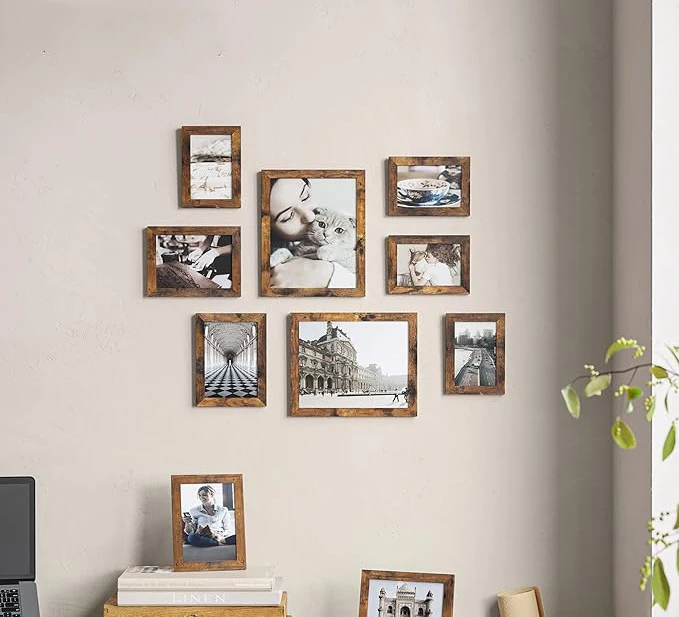 A set of 10 collage photo frames, two 8x10, four 5x7, four medium 4x6, wall gallery decoration, desktop display, glass,