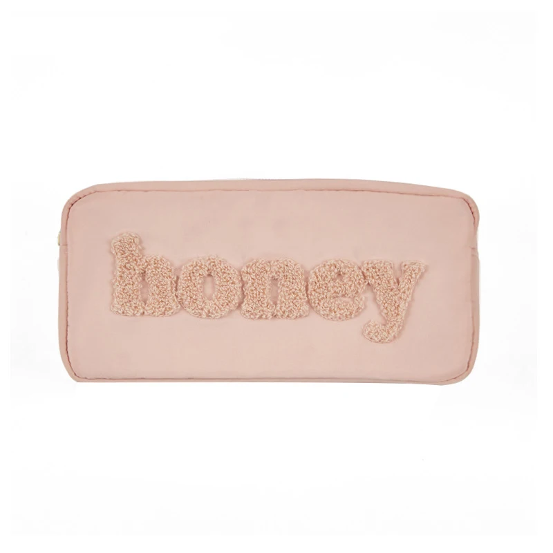 Wholesale Pink Waterproof Nylon Makeup Cosmetic Travel Embroidery Train Case Brush Terry Towel Cosmetics Bag For Girl