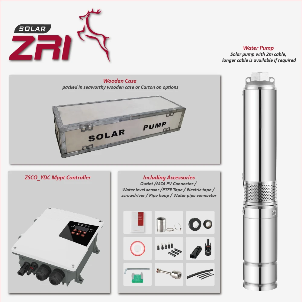 ZRI 3 inch Brushless DC Solar Pump,Centrifugal Submersible Solar Water Pump, Solar Pump for deep well with MPPT Controller