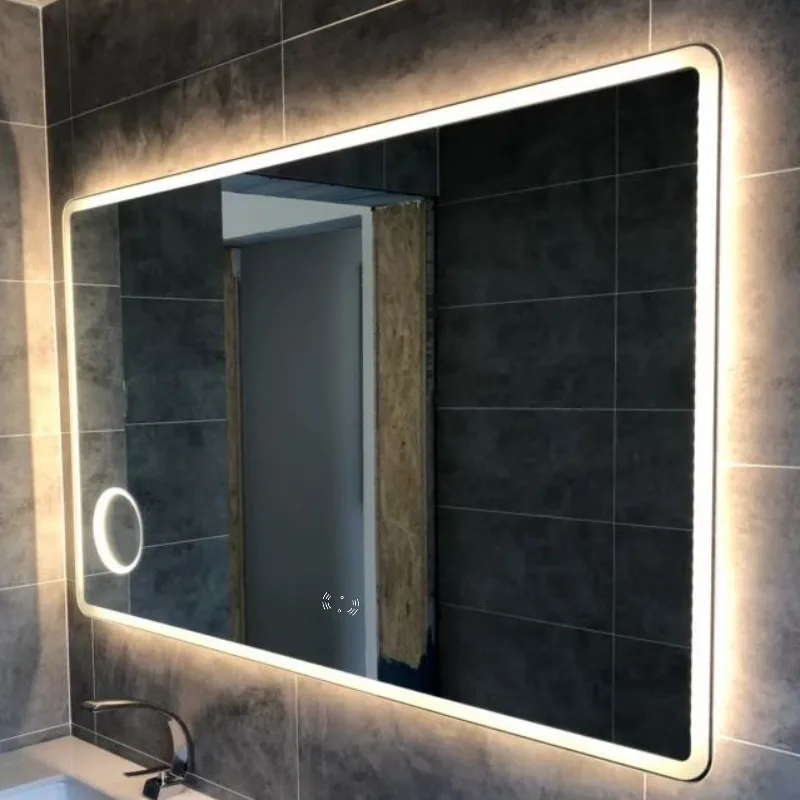 Custom hotel rectangle smart Hand sweep switch Led lighted bathroom mirror with magnifying mirror defogger function