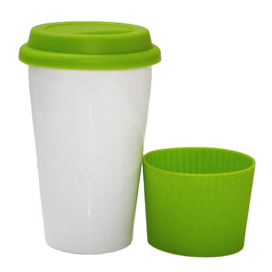 Hot Selling Double Wall Ceramic Mugs Cup with Silicone Lid and Sleeve for Coffee