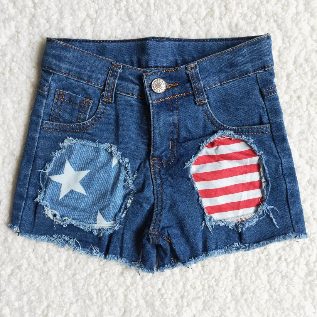 The Fourth of July Vintage American flag cartoon denim shorts picture patchwork jeans girl kids short ripped jeans