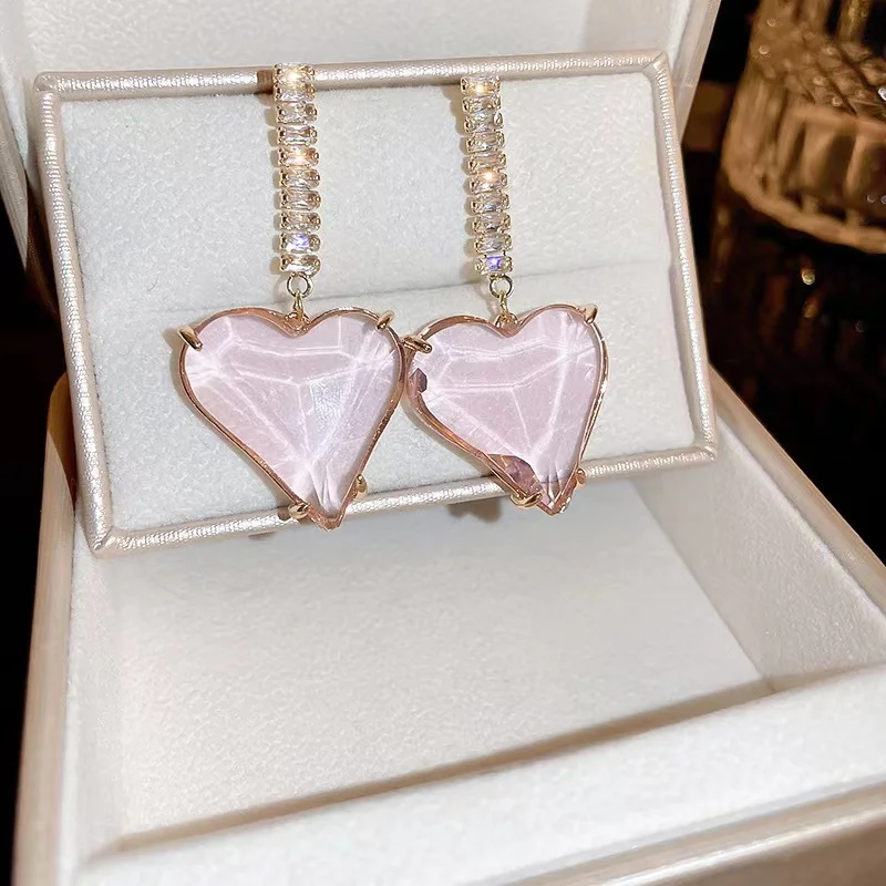 Hot Selling High Quality Trendy Bling Pink CZ Stone Huggie Drop Love Heart Women Jewelry copper Earrings
