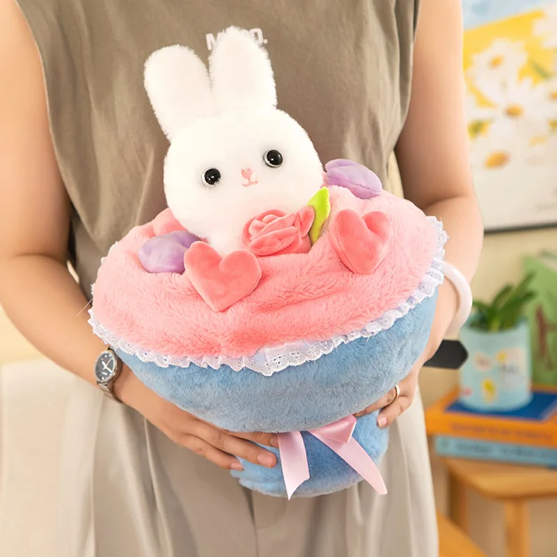 Creative Romantic Love Heart & Bouquet Flower Shaped Bunny Rabbit Plush Toys Birthday Valentines Gifts for Girls