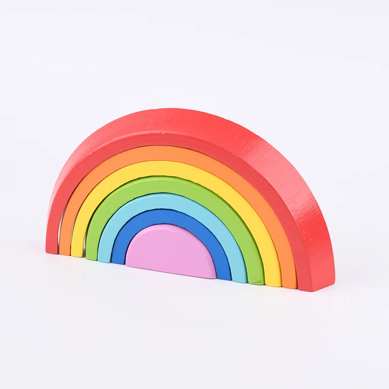 Wooden Rainbow Stacker Natural Diy Small 6 Pcs  Pieces Geometric Shapes Puzzle Stack Building Blocks Tower Stacking Toy Set