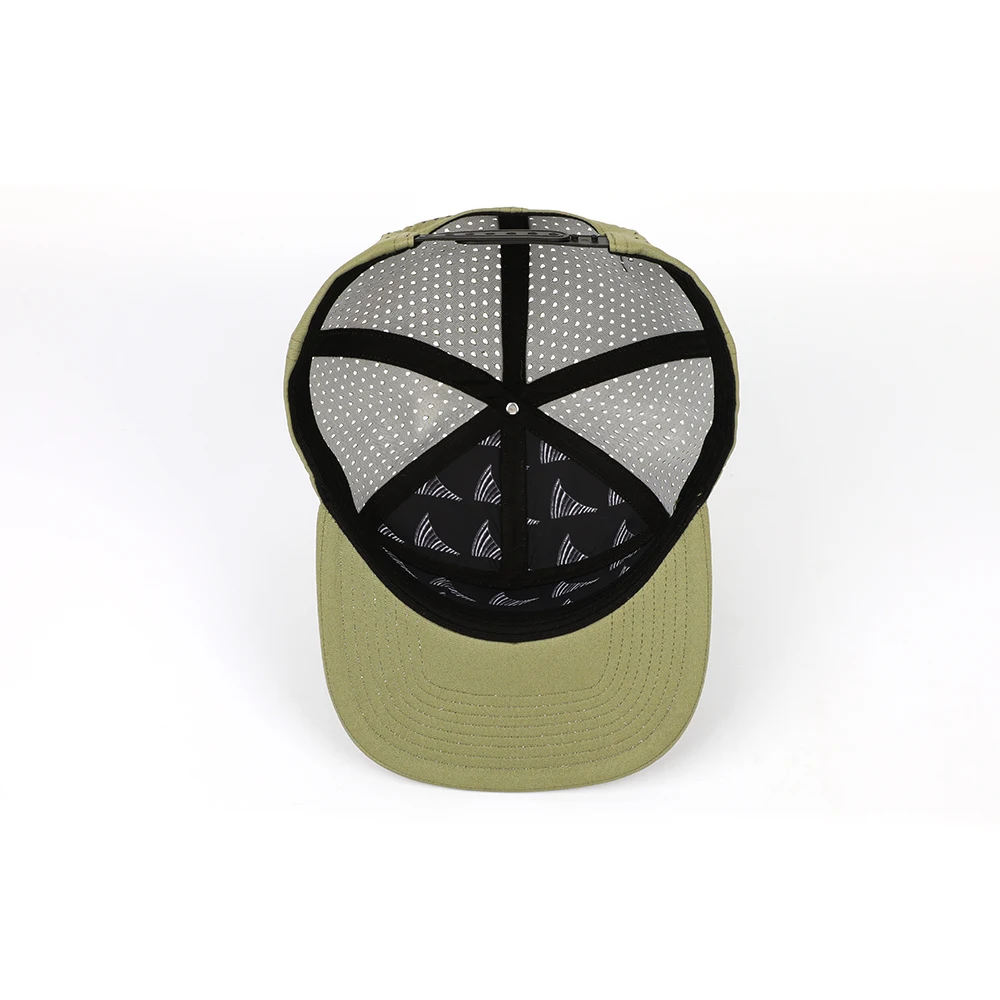Oem Cheap Custom 5 Panel Men Blank Green Polyester Quick Dry Laser Cut Hat Breathable Perforated Hole Hat Flat Brim Snapback Cap