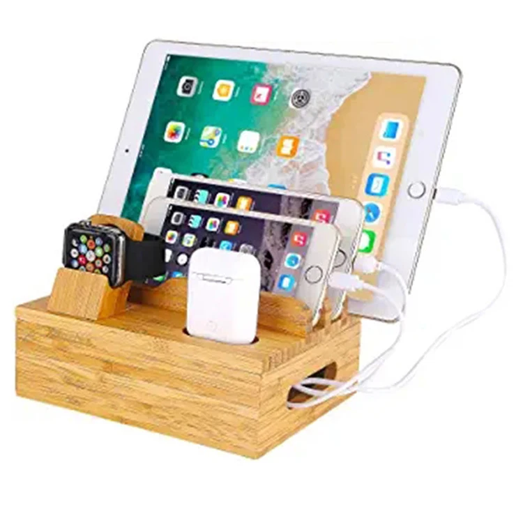 Bamboo Wood Docking Station Phone Stand Multi-device Charging Station Dock