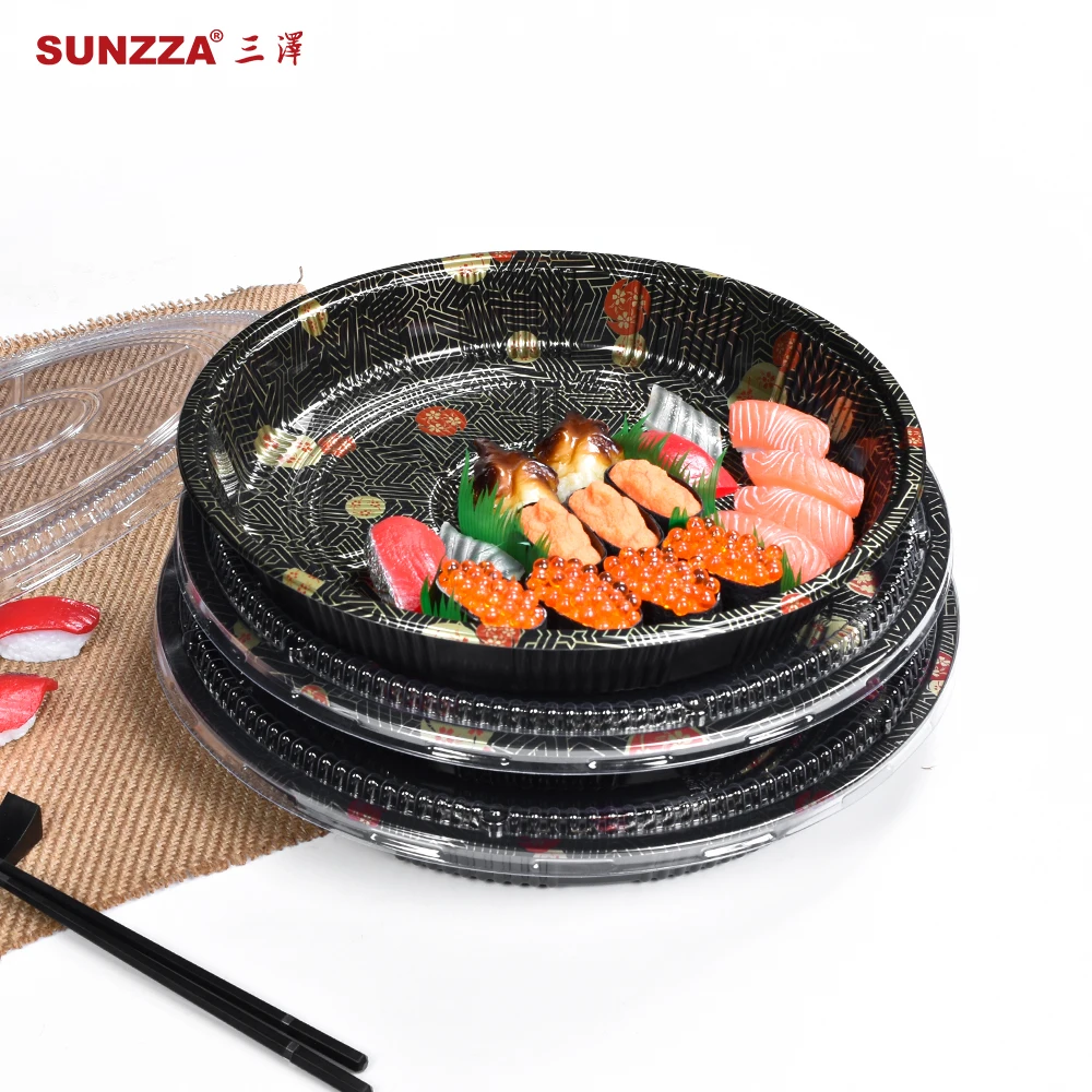 Sunzza free sample huawen 32 cm big round shape size disposable plastic blister pet anti fog lid sushi tray for restaurant