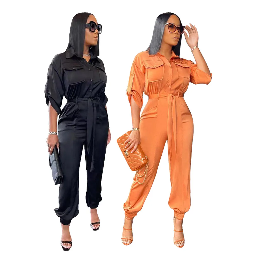 Womens One Piece Casual Long Sleeve Button Down Cargo Jumpsuit Overalls Romper