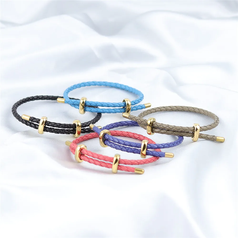 Fashion Genuine Leather Bracelets Jewelry Stainless Steel Buckle Adjustable Sheepskin Braided Genuine Leather Cord Bracelets