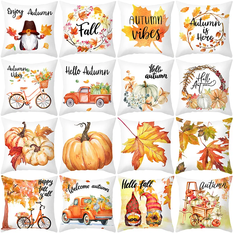 Orange Fall Throw Pillow Case 18x18 Inch Autumn Farmhouse Cute Pumpkin Hidden Zipper Thanksgiving Linen Cushion Covers