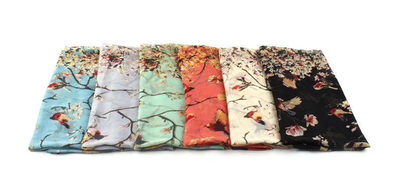 Hot Selling Explosive New Style Animal Elegant Summer Scarf Branch And Bird Print Scarfs For Women