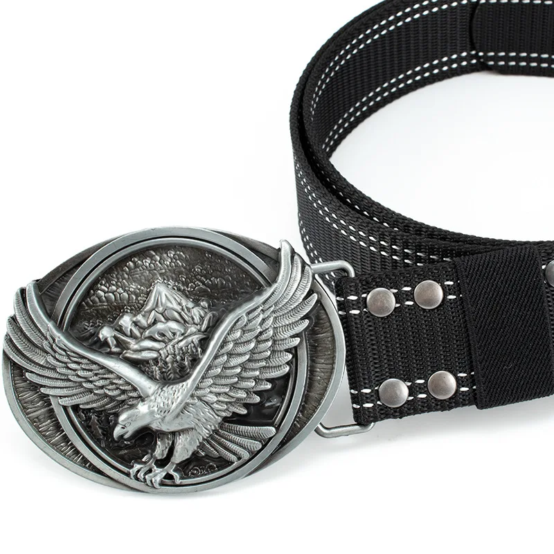 Custom Design Unique Personality Metal Buckle Woven Nylon Fabric  Belt With Eagle Wings Buckle