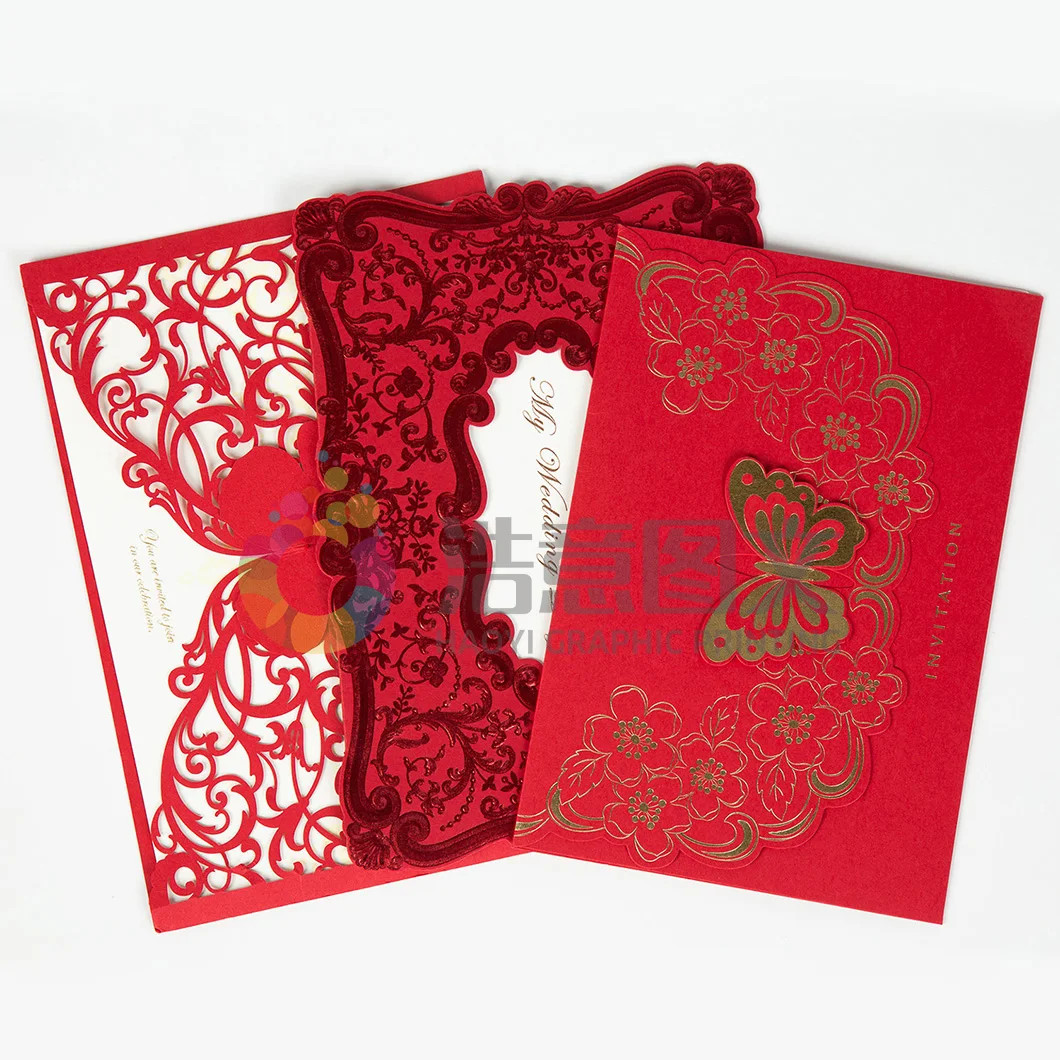 Custom Printing Laser Cut Luxurious Wedding Invitations Red Elegant Wedding Invitation Paper Cards