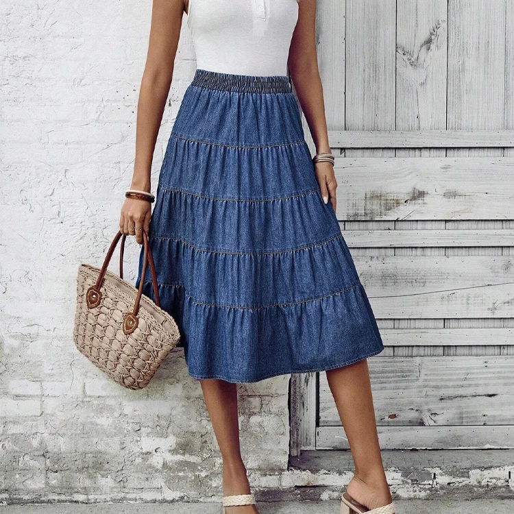 Casual Solid Blue A-Line Dress High Waist Loose Big Skirt Hemline Ruffle Denim Frill Skirt Pockets Button Fashionable Straight
