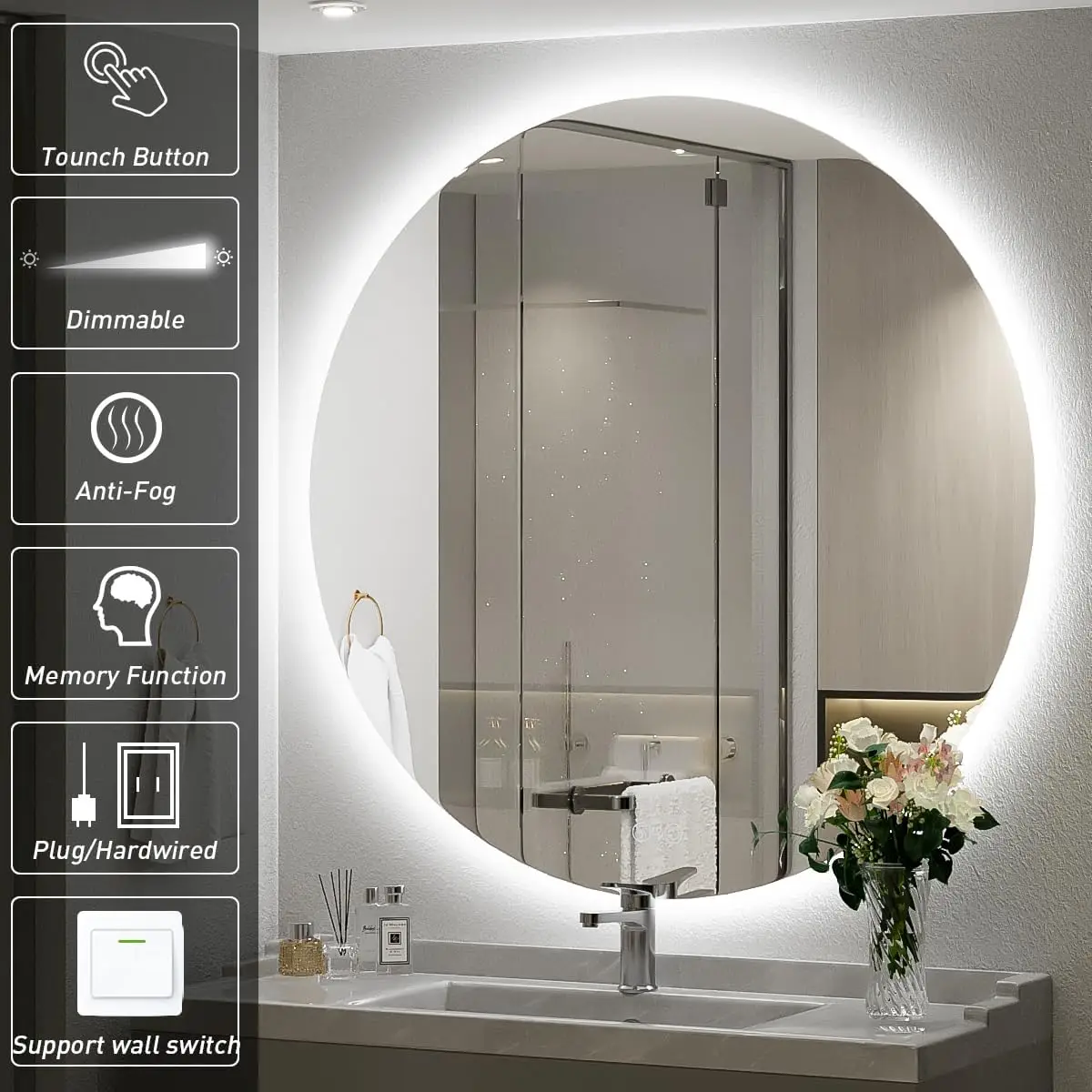 CF BLM1003 Modern Round Led Mirror Wall Mounted Touch Switch Screen Smart Mirror Silver Led Light Bathroom Mirrors with light
