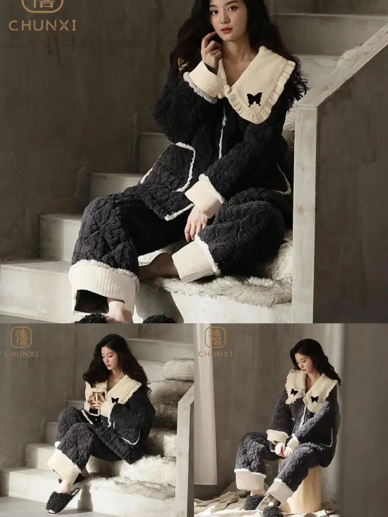 Coral velvet pajama set for women in winter with high aesthetic value plush and thick home clothing set two-piece set