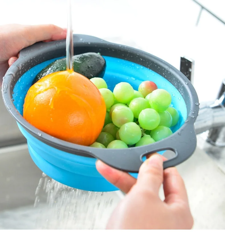 Multifuntion 2 foldable food grade round kitchen vegetable filter strainer bowl set silicone collapsible drain basket colander
