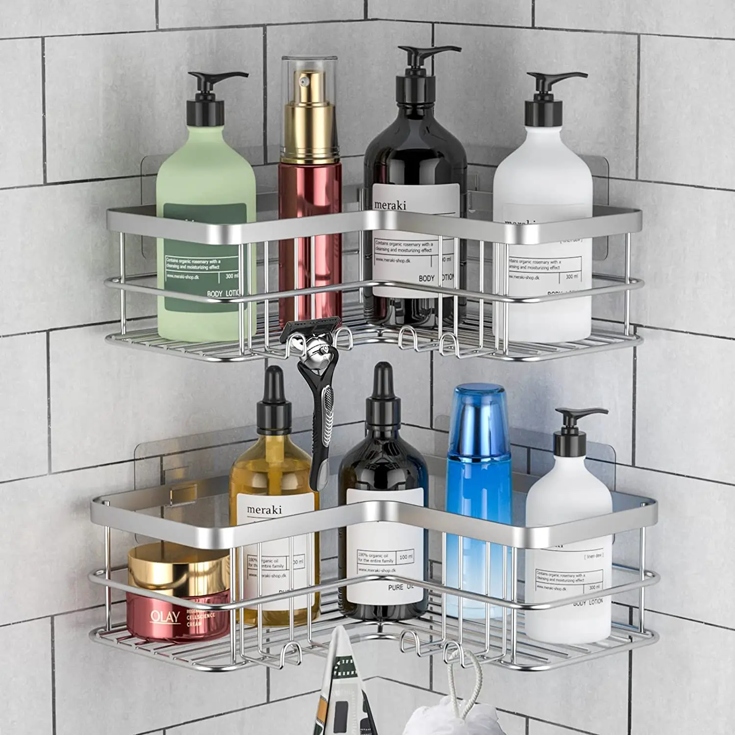 BX 2-Pack bathroom  stainless steel 304 /201/steel wire corner shower caddy  rack adhesive  shower shelves