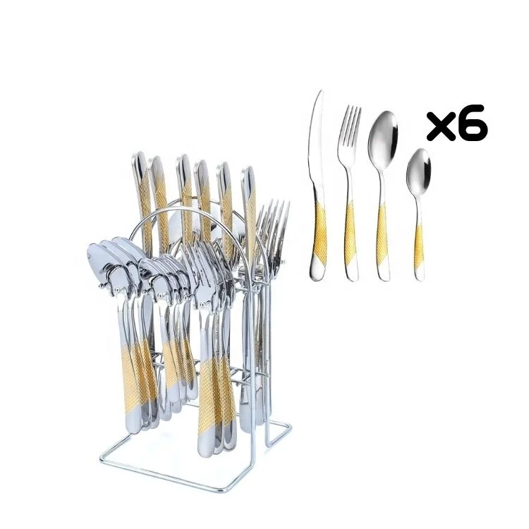 24 pcs gold flatware luxury modern silver gold colour flatware spoons and fork set silver with stand gift set serve for 6