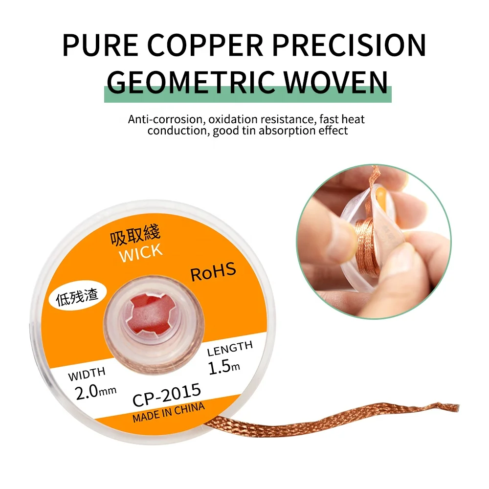 Completely copper made wick desoldering braid wick line can be used to clean the spare solder on the pin away
