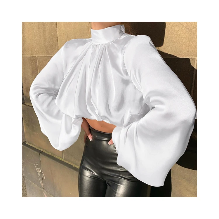 
YH1439 2020 Women Casual Simple Loose Blouses Designs High Neck Long Puff Sleeve Crop Tops 
