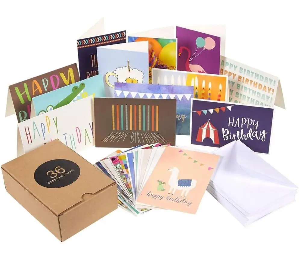 
36 Custom Happy Birthday Cards Set with 36 Bulk Unique Designs Blank Inside Envelopes Included for Men Women Kids 