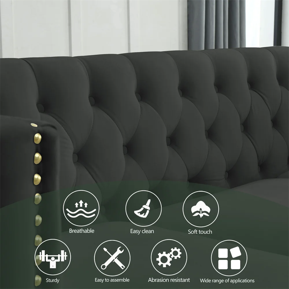 Traditional Retro Oversized 3 Deep Seat Chesterfield Sofa Black Velvet Upholstered Futon Tufted Couches with Button Nailhead