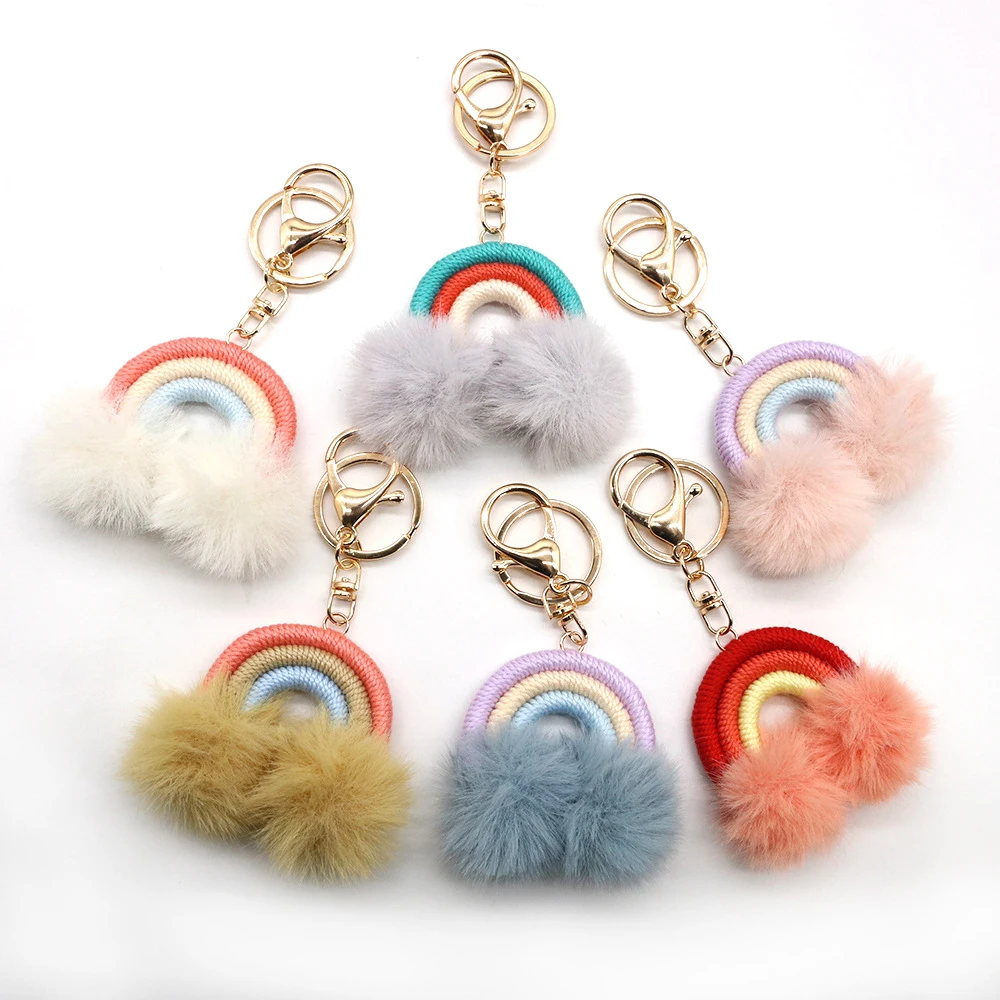 Plush Pom Keychain Metal Keychain Rainbow Hot Sale Wholesale Fashion Shape Handwoven Cotton Gift Customized Logo Silicone Alloy