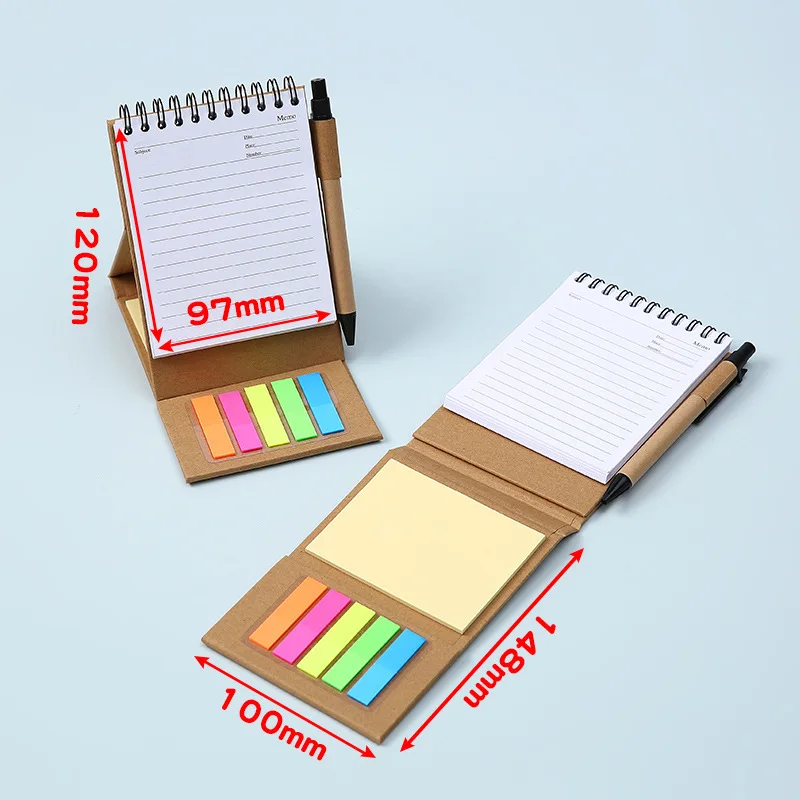 2024 Wholesale Custom Logo Kraft Hard Cover A6 Notepad Spiral Memo Pad With Pen And Sticky Notes