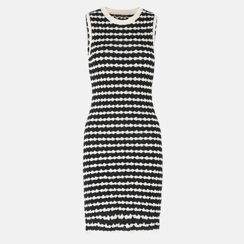 Fast Designer Custom Sweater Dress Crew Neck Ruched Sleeveless Contrast Color Striped Pattern Knitted Dresses Women
