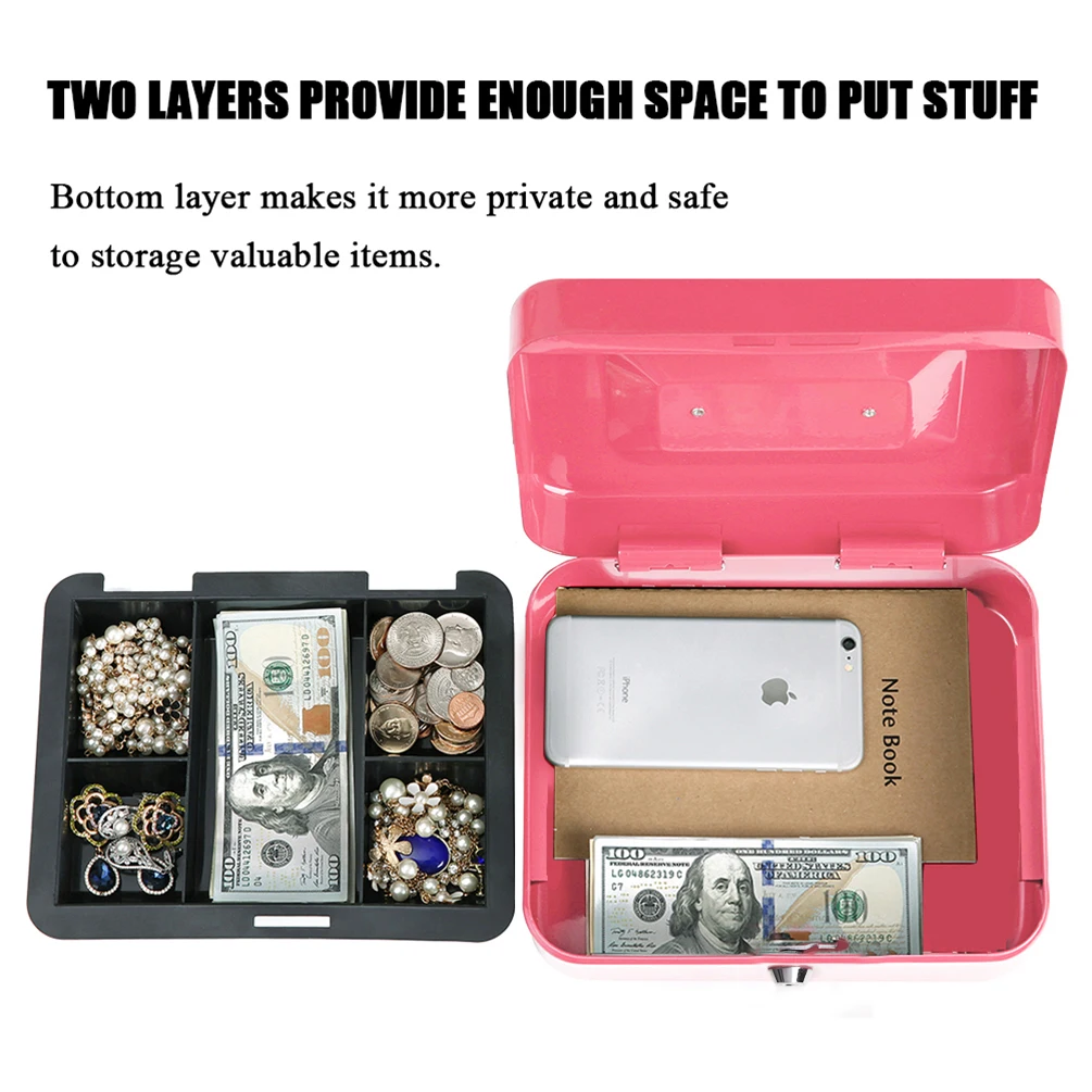 250mm Steel portable mechanical key lock office safety green  money cash box with plastic tray
