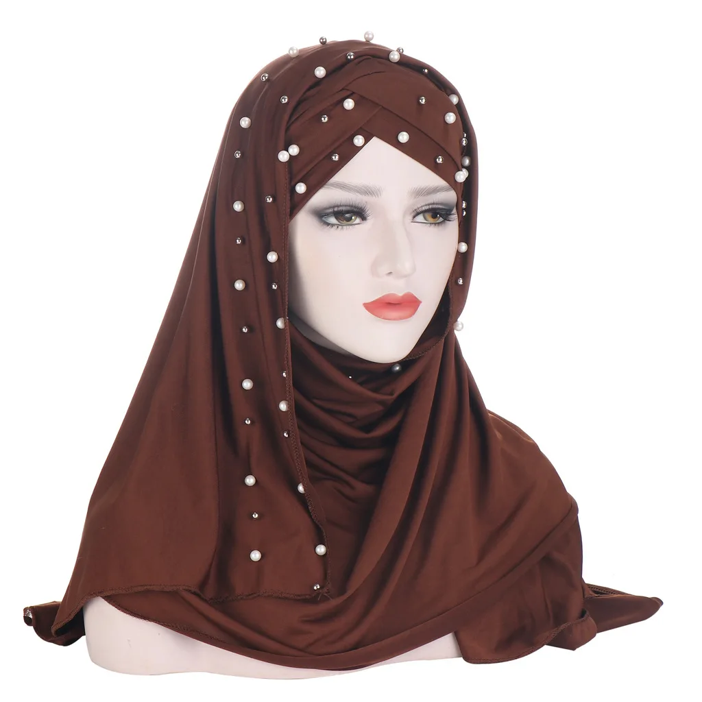 High-Quality Instant Polyester Jersey Hijab Stretchy Scarf For Malaysia Women Beads Pearls Muslim Hijab