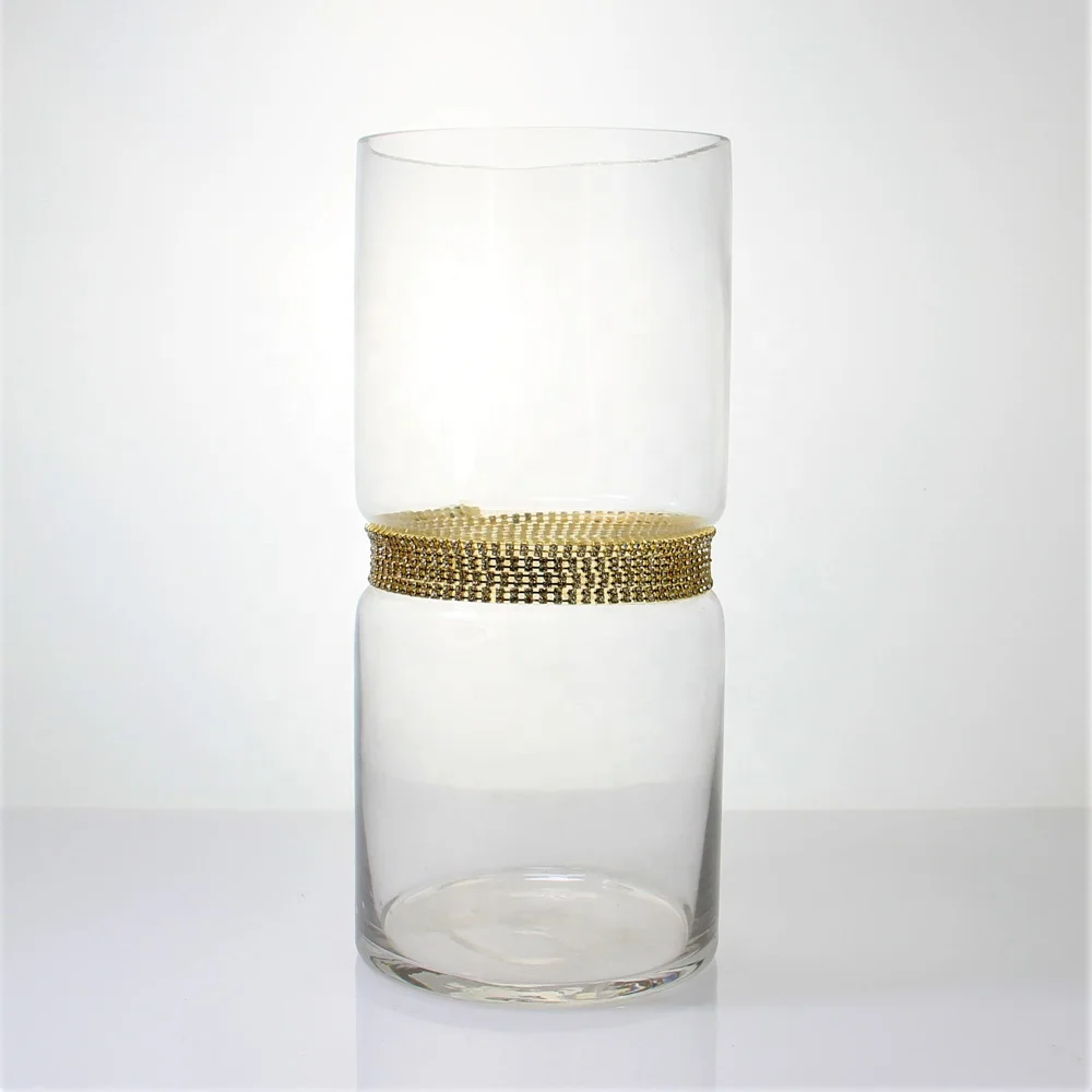 Wholesale transparent tall cylinder flower glass crystal vase with gold or silver diamond belt in the middle