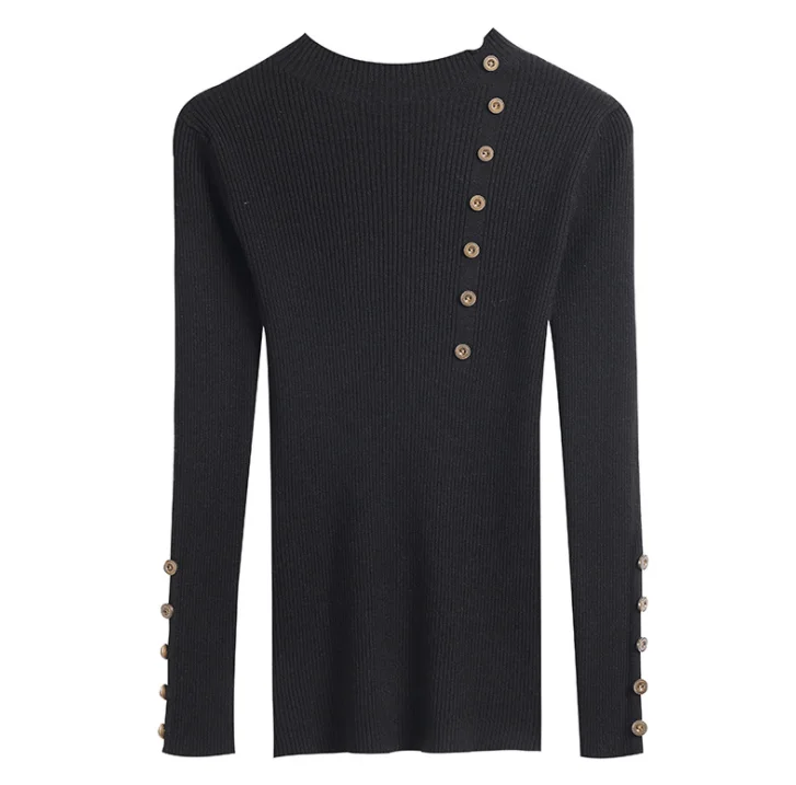 Women Knitted Slim Sweaters Solid Knitted Female Cotton Soft Elastic Color Pullovers Button Full Sleeve Turtleneck