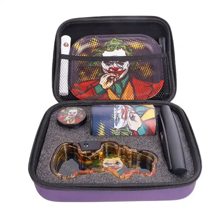 New Factory Direct Sale 6 in 1 LED ashtray smoking set Tin Rolling Tray Metal Grinder Roller Jar smoking kit