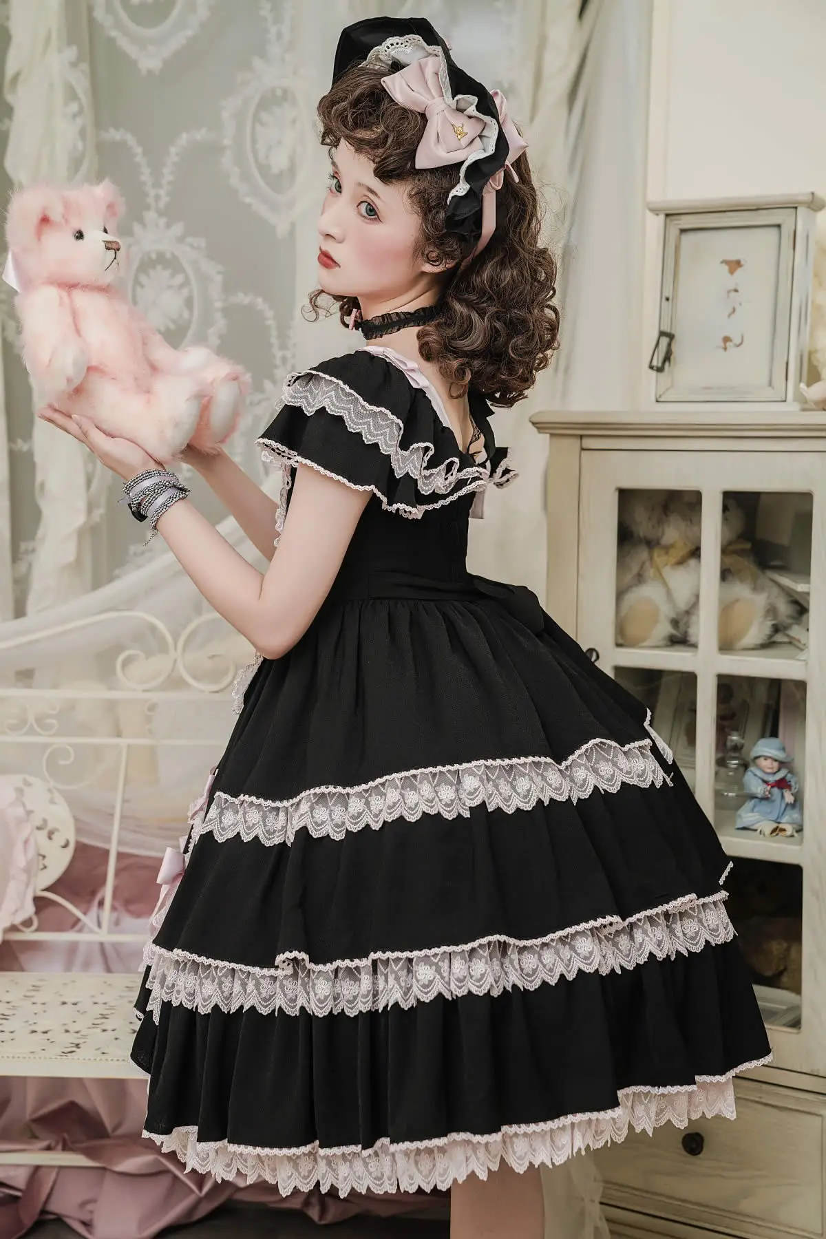 Sweet ruffled bow square collar fluffy party dresses short sleeve lolita sexy dress gothic lolita dress tutu big