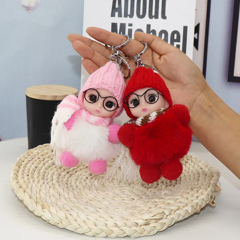 Cute Glasses Scarf Sleeping Baby Plush Doll Keychain Kawaii Pom Pom Rabbit Fur Plush Key Chain Bag Charm Pendant Christmas Gifts