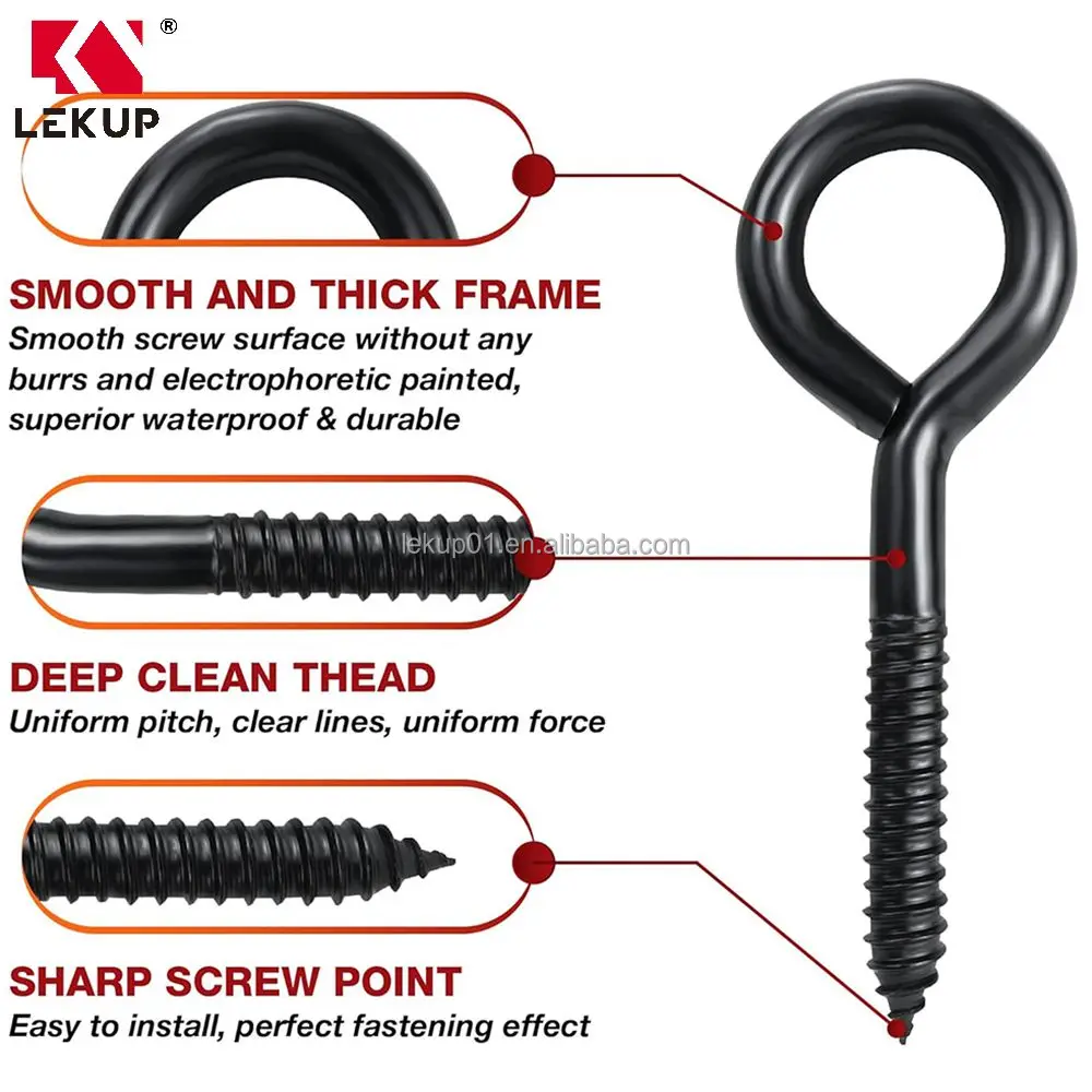 Premium Steel Wood Screw Self Tapping Eyelet Screw Eye Bolts 700LBS 6 Inch Heavy Duty Black Screw Eyes Hooks
